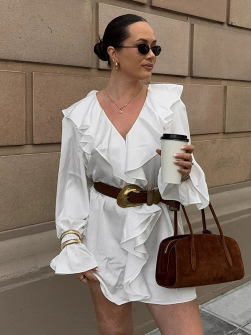 Forever 21 White Ruffle Satin Dress Summer Long Sleeve Waist Cinched for Work